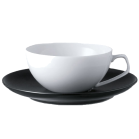 2 teacups with black saucers
